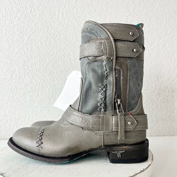 Lane Dustoff Women’s Western Moto Boots Gray Leather Harness Zip Ankle Size 7.5 - Picture 4 of 11